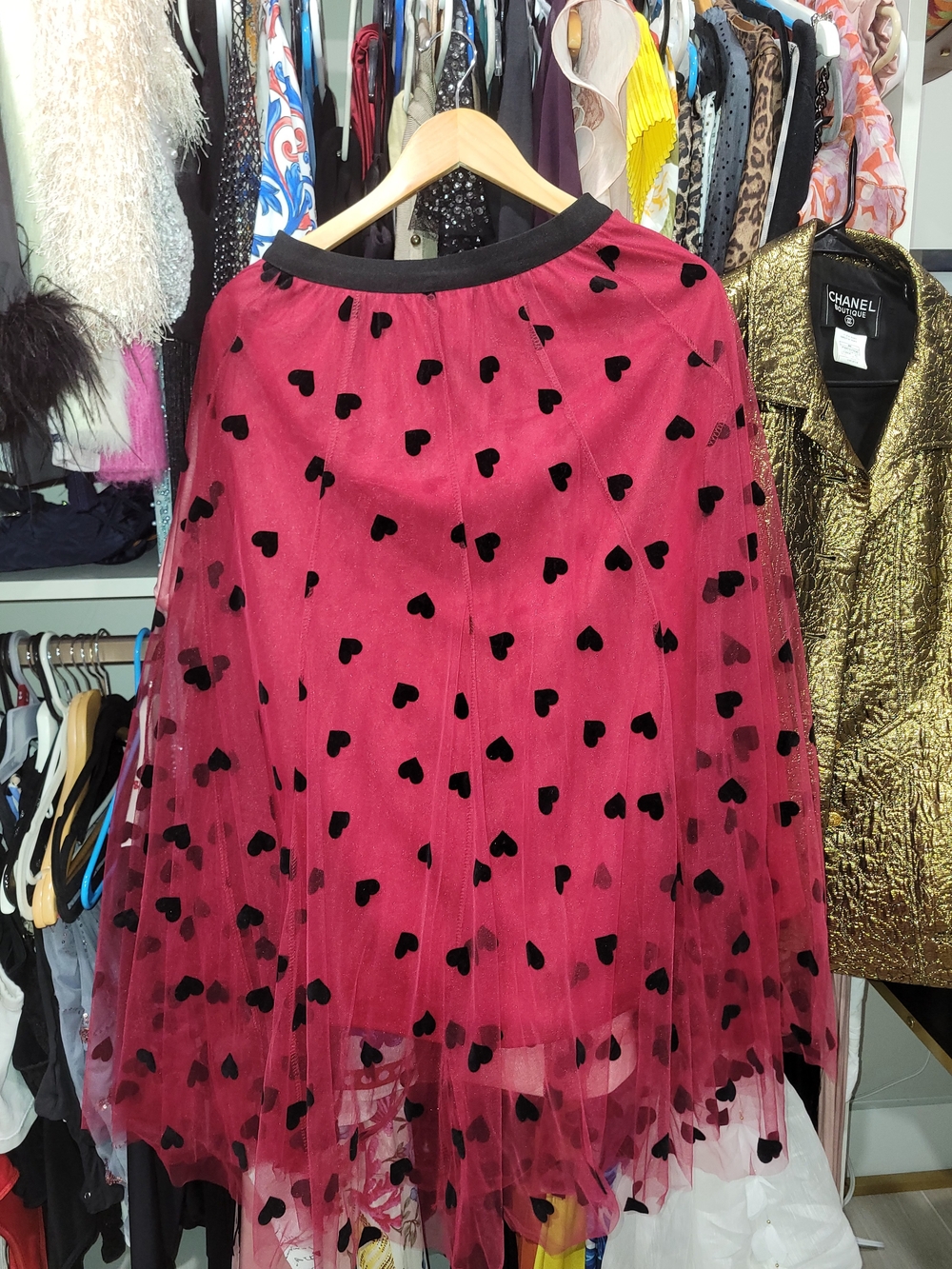 & Other Stories Red Tulle Skirt with Black Heart Motif